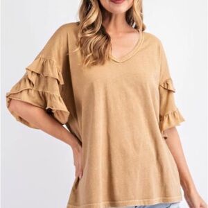 Easel Tan Ruffle Sleeve Blouse